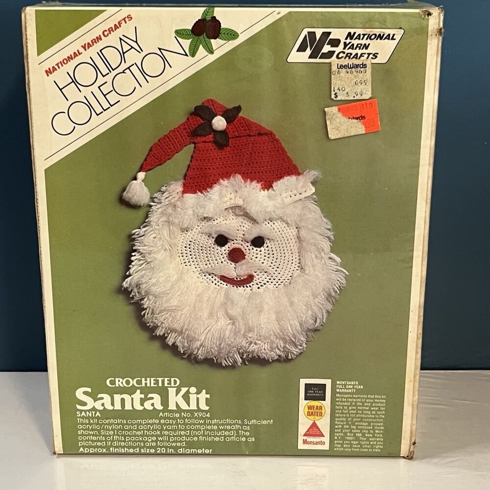 Vintage Crocheted Santa Wreath Kit Christmas National Yarn Crafts Sealed *HTF